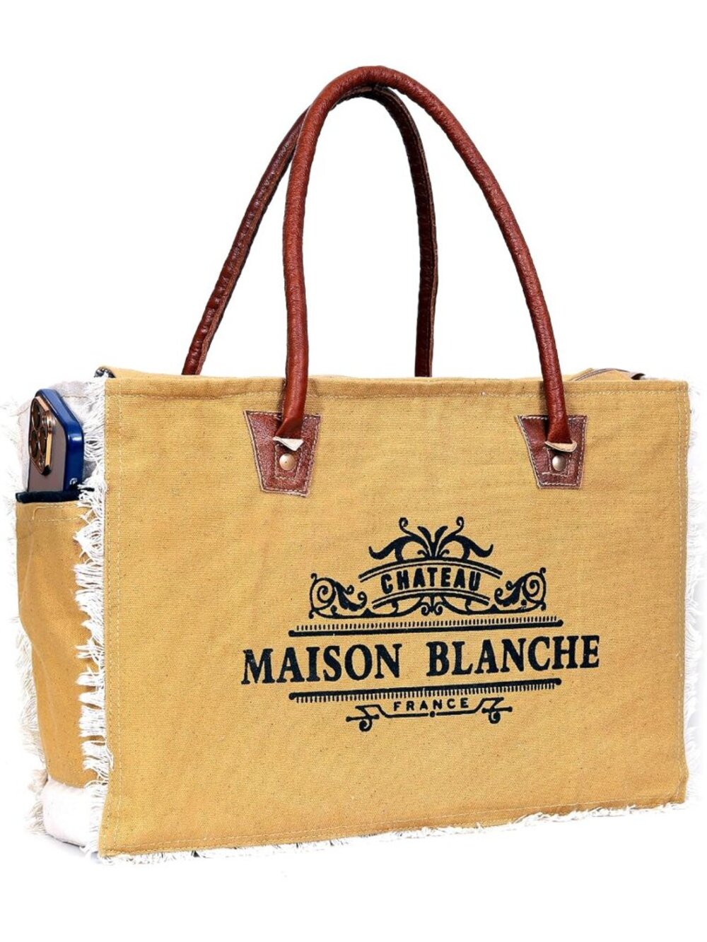 Upcycled Canvas & Leather Handbag, Stylish Cowhide Tote Bag for Women